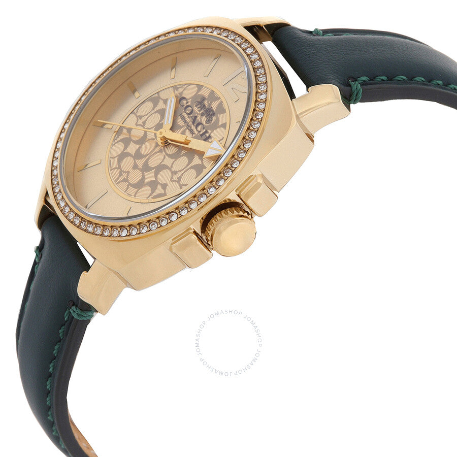 Coach Boyfriend watch side profile showing crystal-set bezel, gold case, and black leather strap