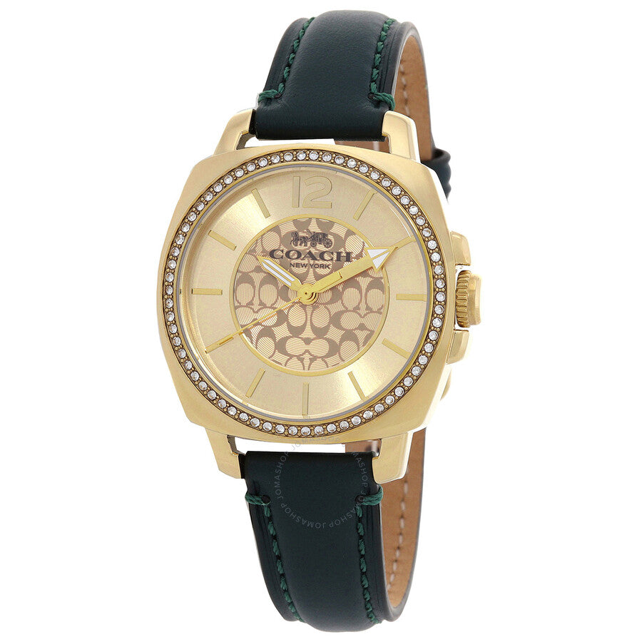 Coach Boyfriend quartz ladies watch with gold dial, crystal bezel, and black leather strap