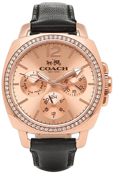 Coach Boyfriend Small women's watch with rose gold case, diamond bezel, and black leather strap