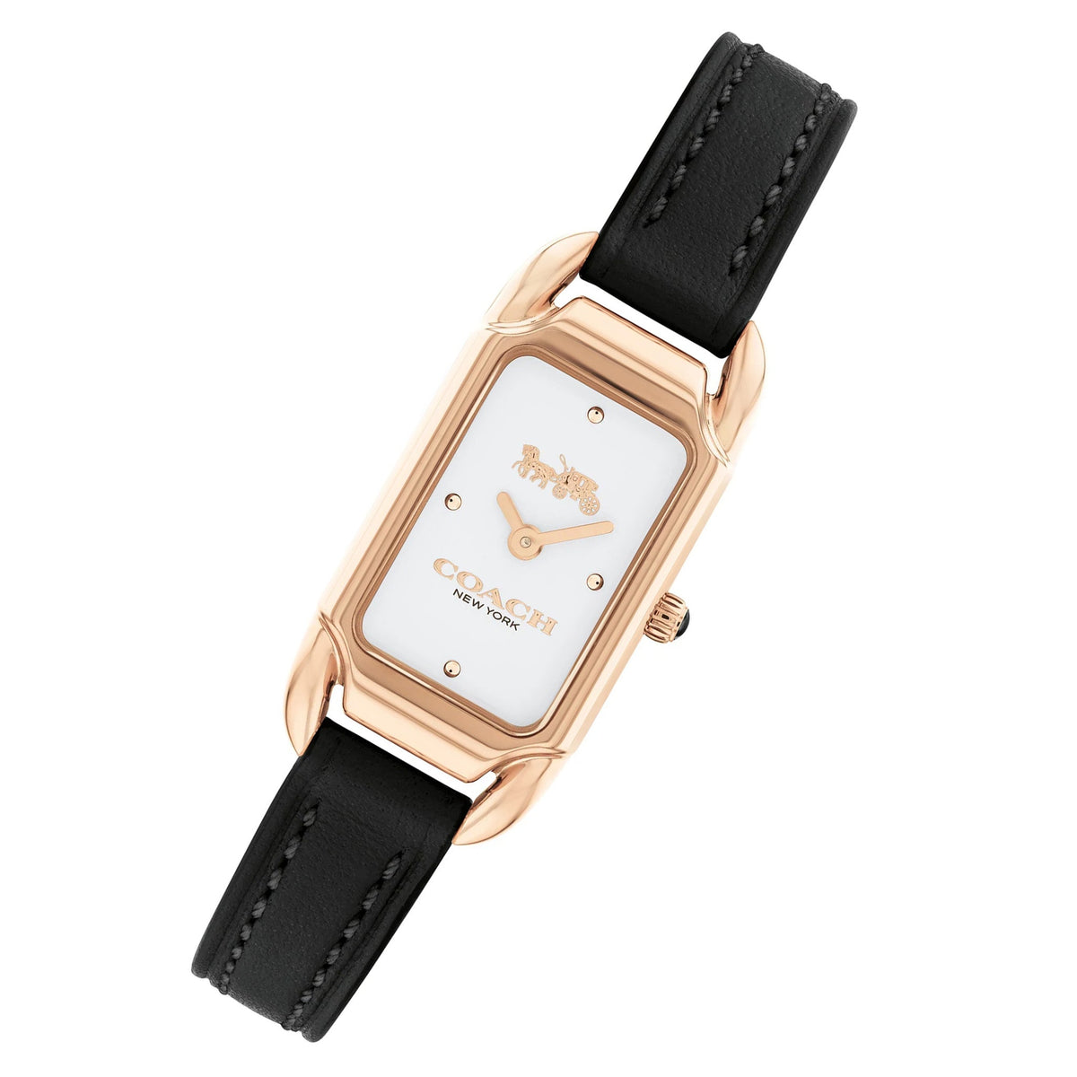 Coach Cadie watch angled view showing rose gold rectangular case and black leather strap