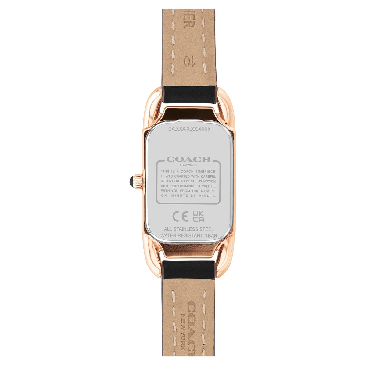 Coach Cadie watch caseback showing stainless steel case with specifications and water resistance rating