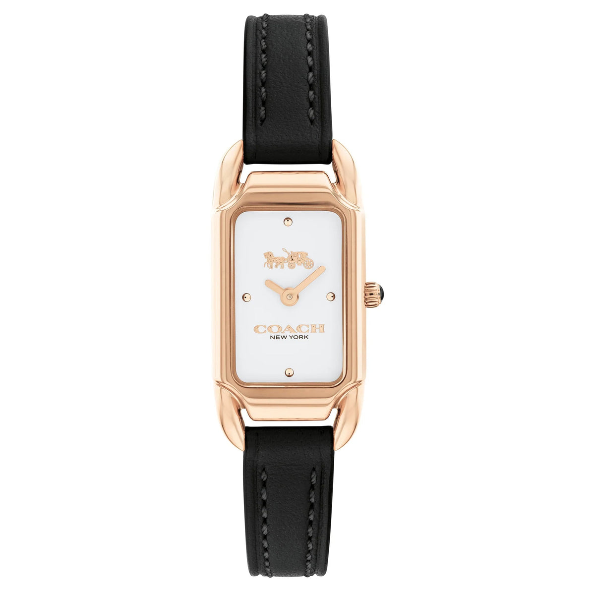 Coach Cadie women's watch with rose gold case, white dial, and black leather strap