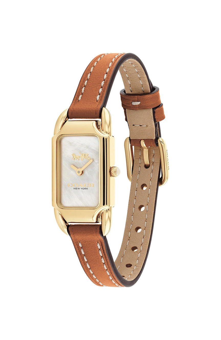 Coach Cadie women's watch with ivory mother-of-pearl dial, gold-tone case, and tan leather strap