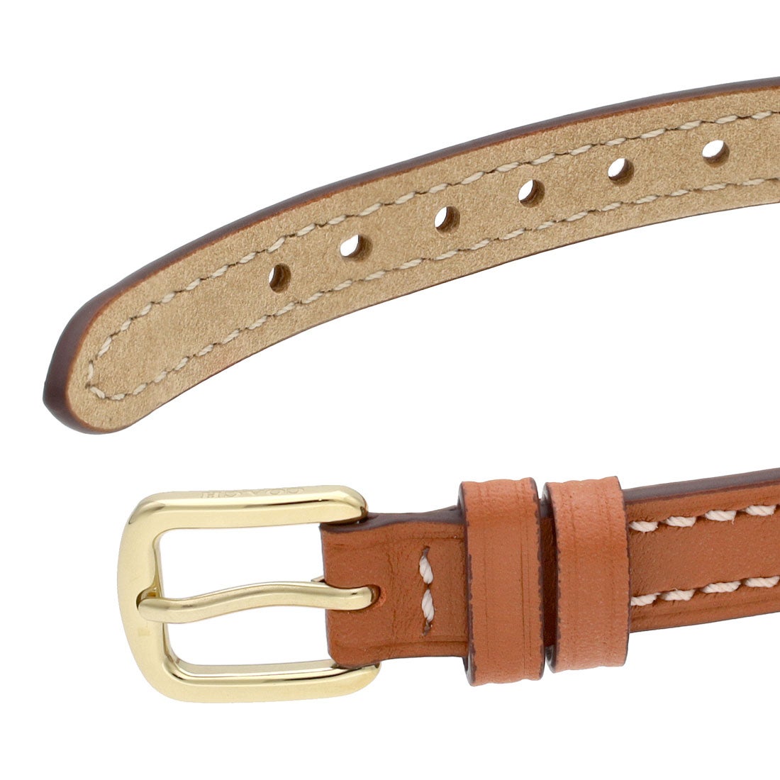 Coach Cadie cognac leather strap with white stitching and gold-tone buckle