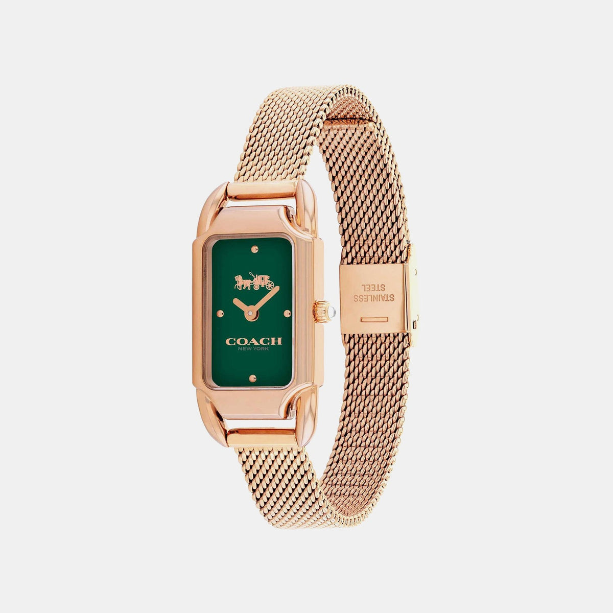 Coach Cadie rose golden mesh women's watch shown at angle displaying strap and green dial