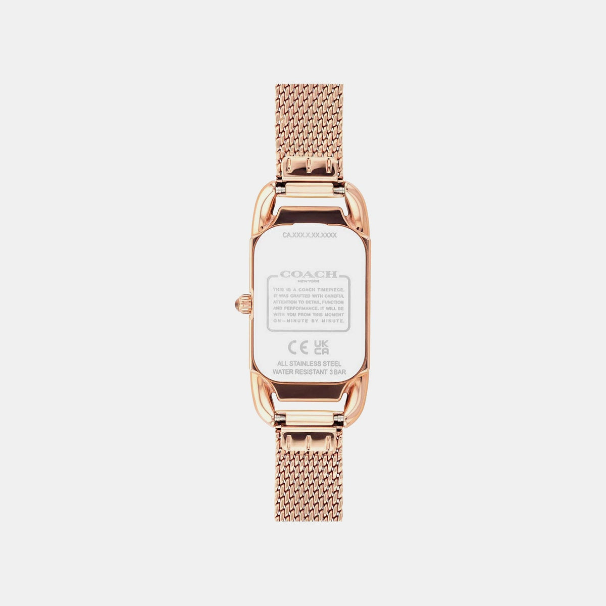 Coach Cadie women's watch caseback showing product information and specifications
