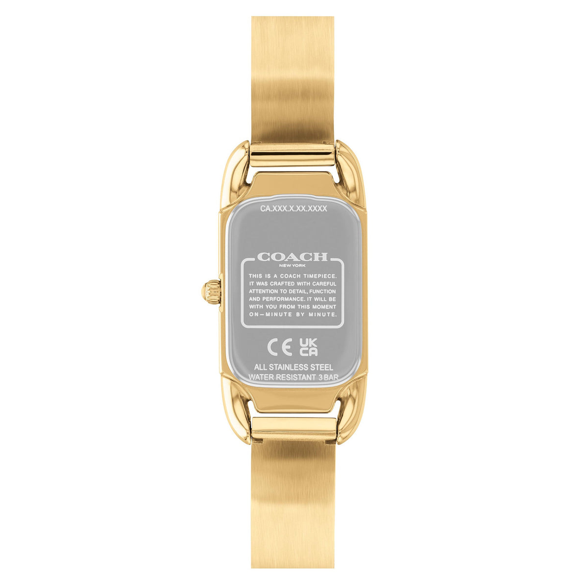 COACH Cadie watch caseback with engraved Coach branding and all stainless steel material information