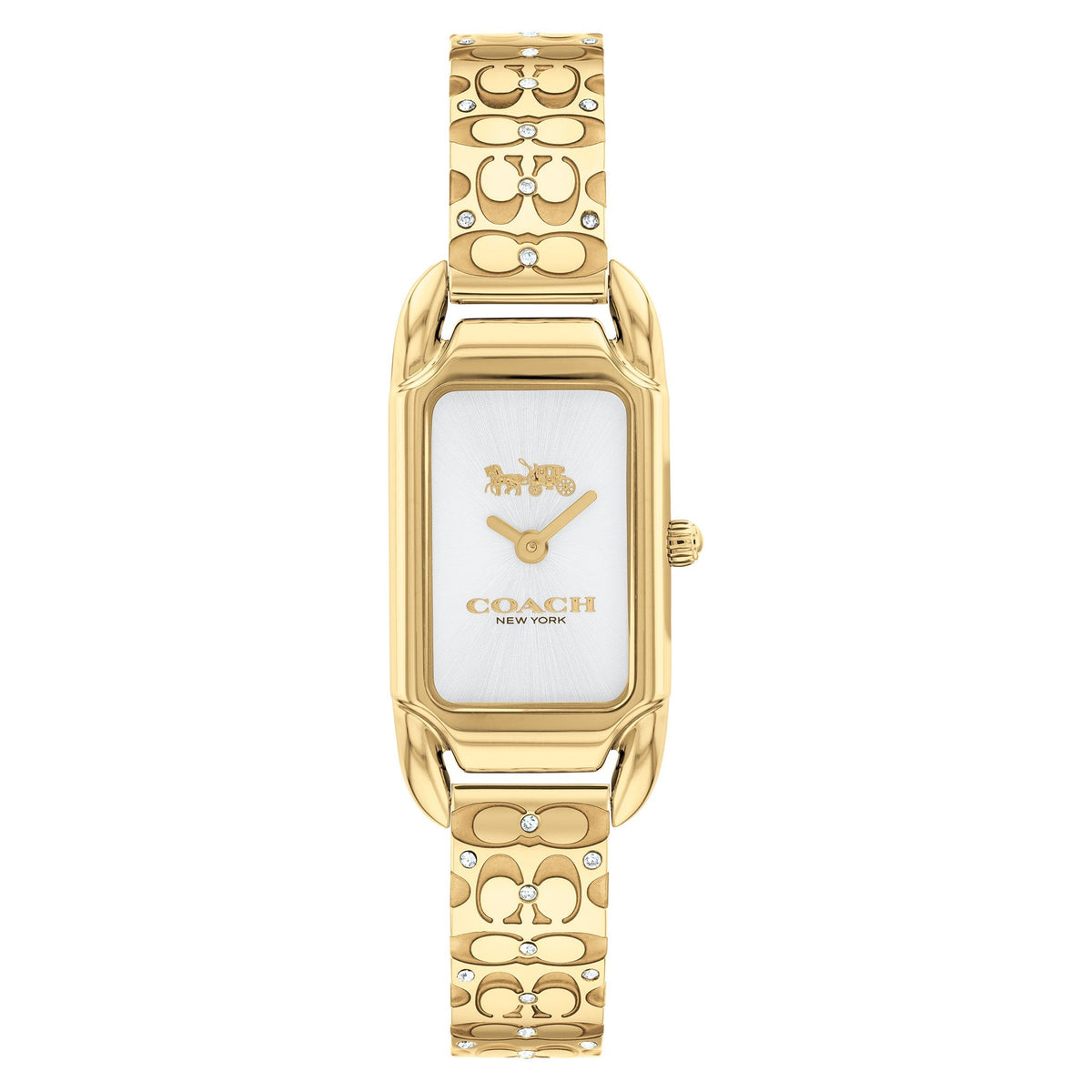 COACH Cadie Signature C gold-tone watch with silver-tone rectangular dial and logo-patterned bangle bracelet