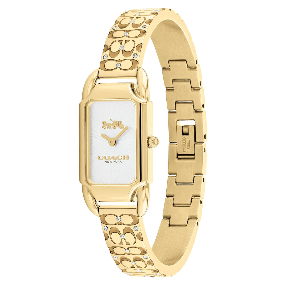 COACH Cadie women's watch worn on wrist showing Signature C patterned gold-tone bangle and rectangular case
