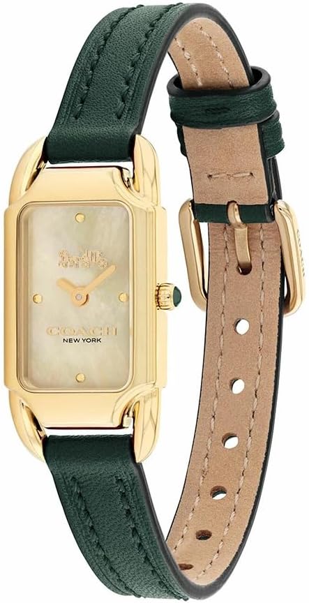 Coach Cadie watch displayed at angle showing green leather strap and tan leather back