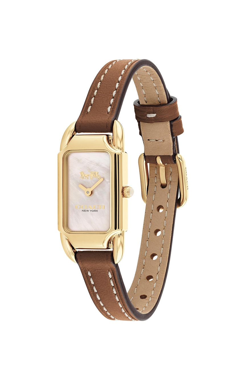 Coach Cadie watch shown from angle with brown leather strap visible and gold-tone case