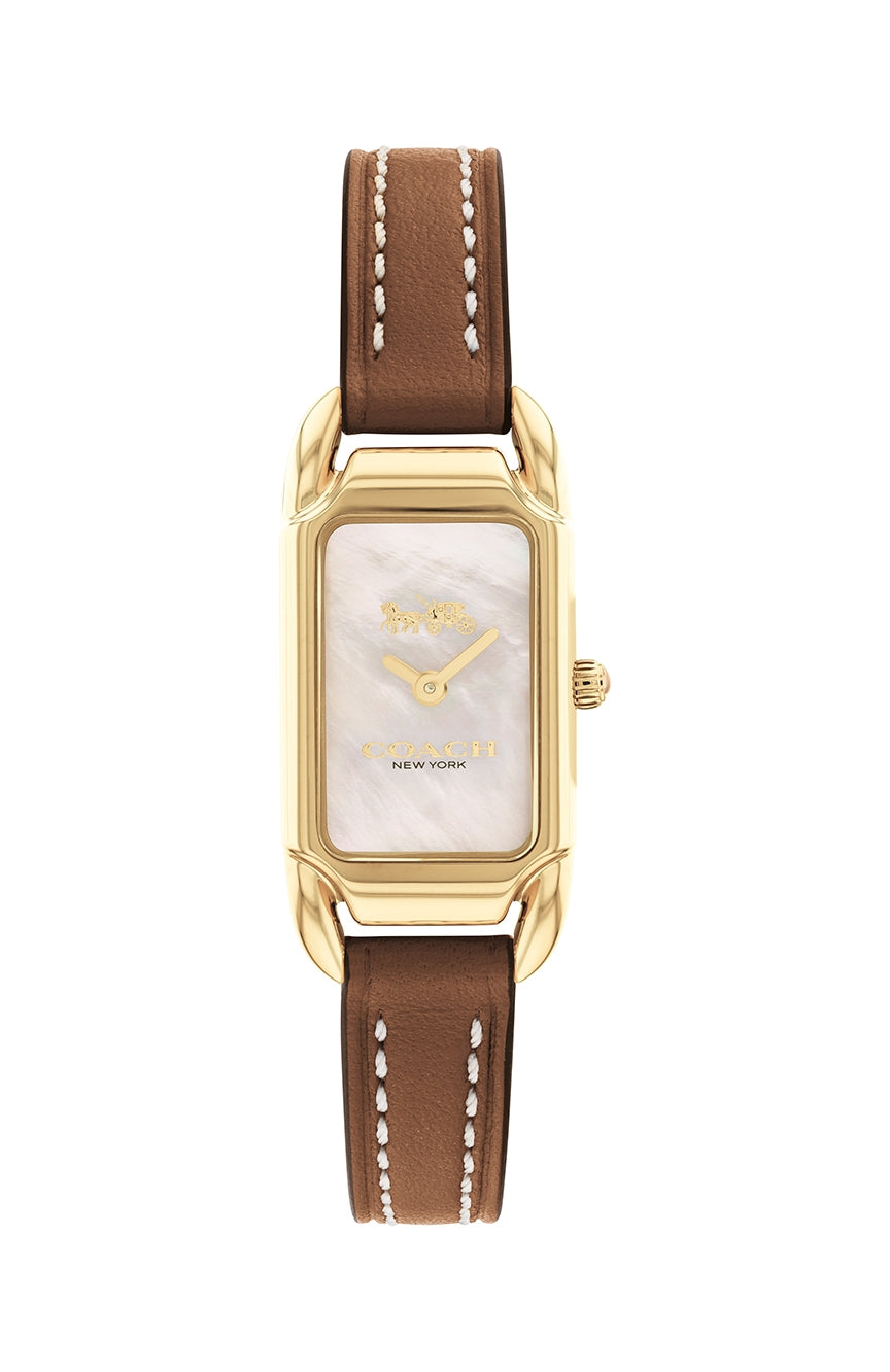 Coach Cadie women's watch with gold-tone rectangular case, lavender dial, and brown leather strap