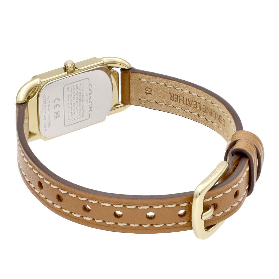 Coach Cadie watch strap detail showing brown leather with contrast white stitching and gold-tone buckle