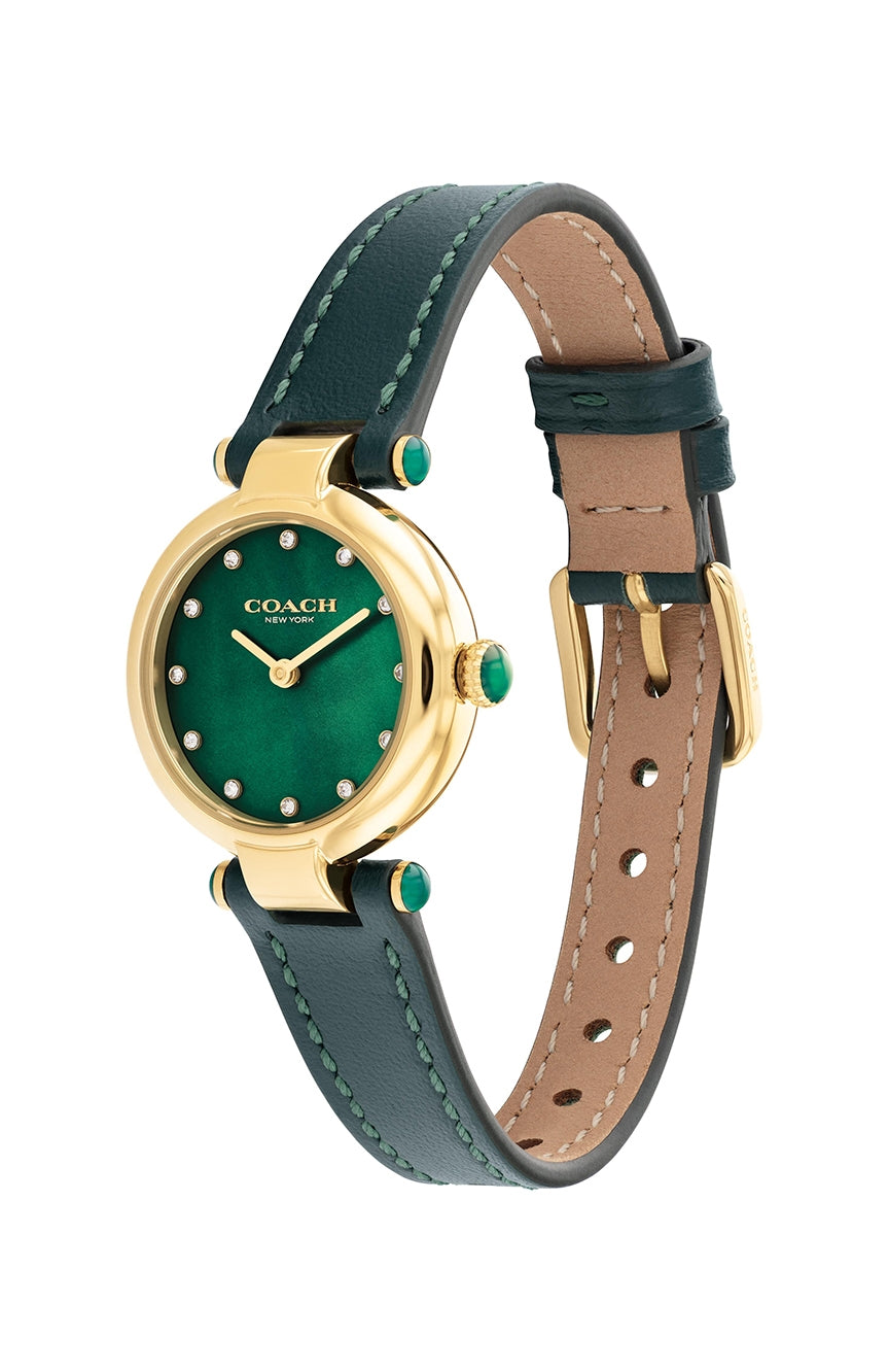 Coach Cary watch at angle showing emerald green leather strap with tan interior lining