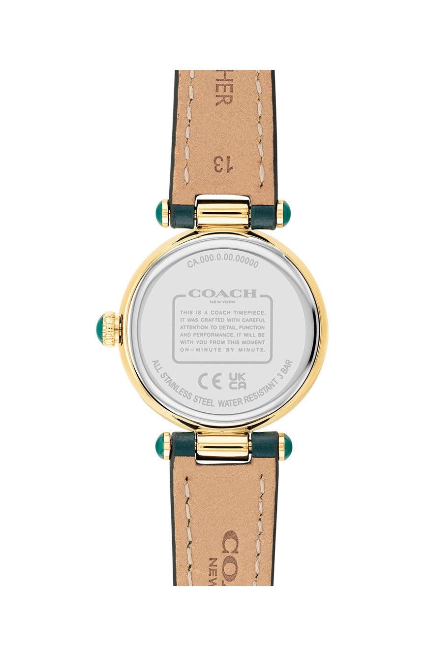 Coach Cary watch caseback showing stainless steel case with Coach branding and specifications