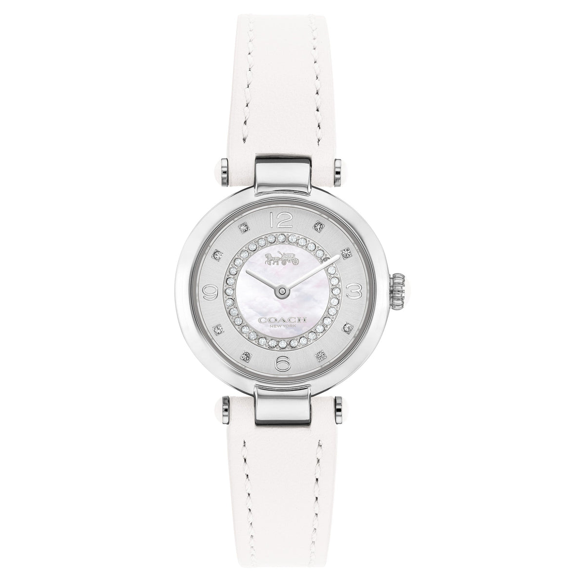 Coach Cary women's watch with white leather strap and silver-tone case with crystal bezel