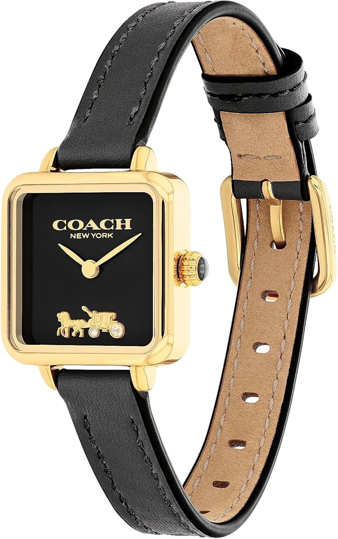 Coach Cass watch showing black leather strap with tan interior lining and gold-tone hardware