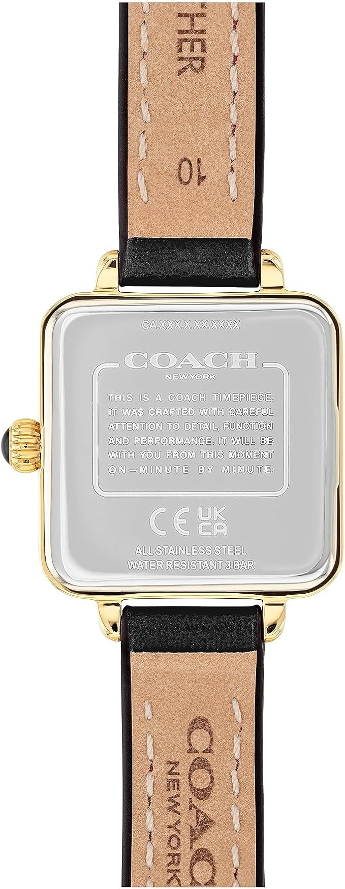 Coach Cass watch caseback with engraved COACH branding and model information