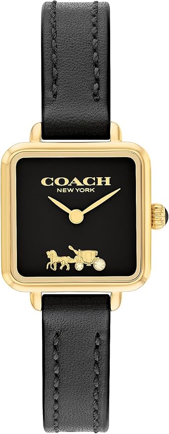 Coach Cass Collection women's watch with gold-tone square case, black dial and black leather strap