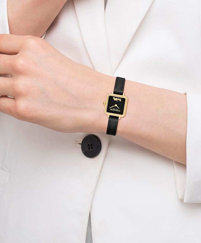 Coach Cass women's watch worn on wrist with black leather strap