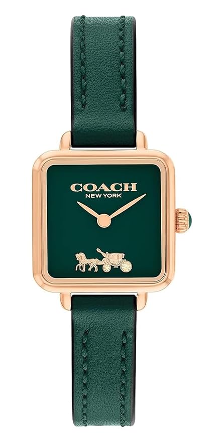 Coach Cass ladies watch with green dial, rose gold case, and green leather strap