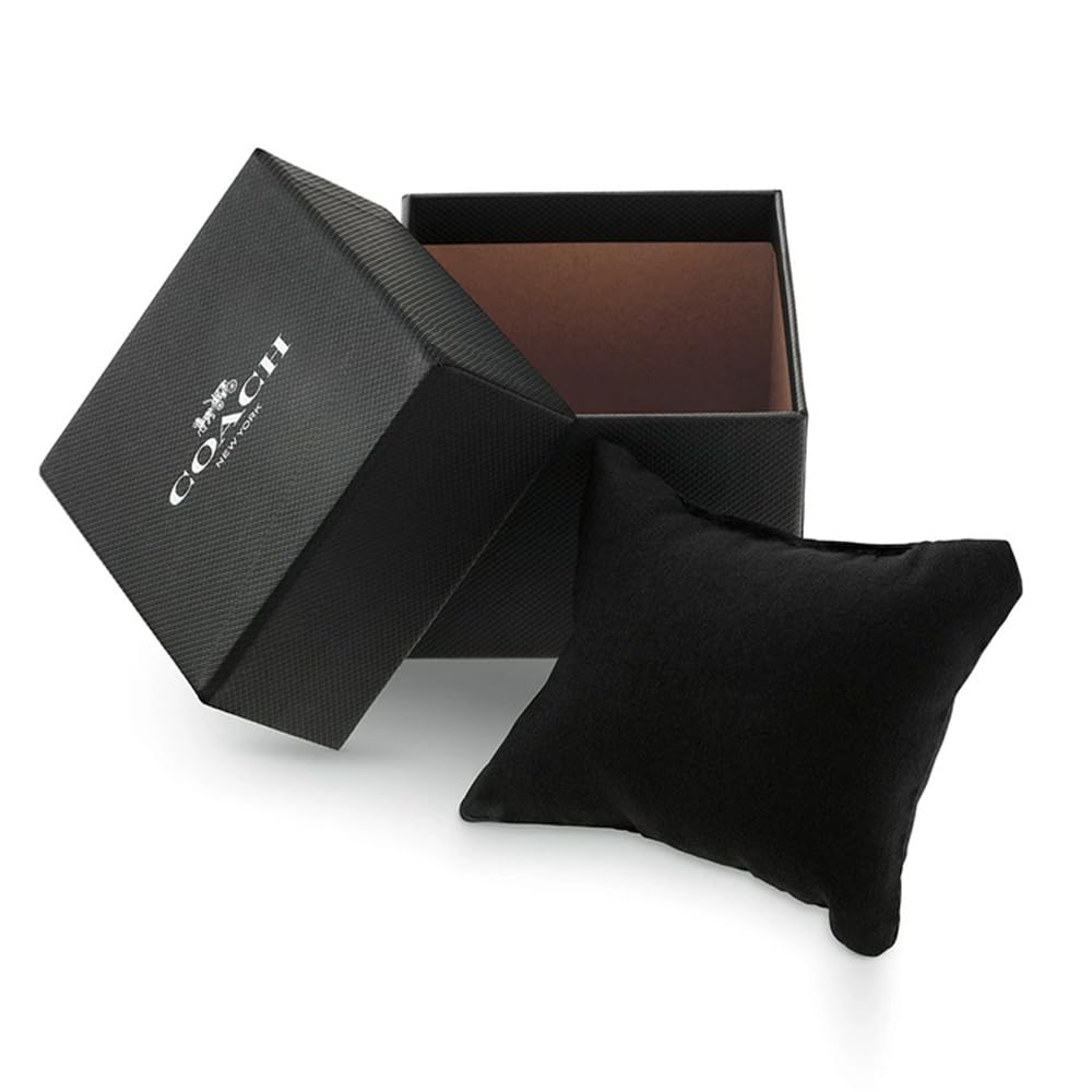 Coach Cass watch presentation box with black exterior and burgundy interior