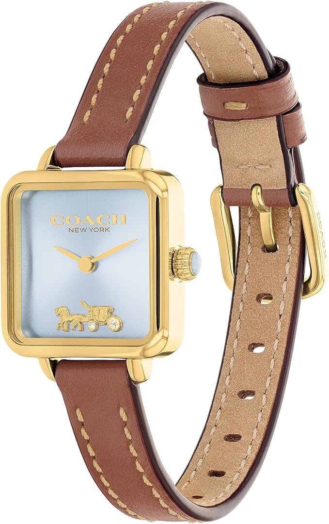 Coach Cass watch shown at angle displaying saddle leather strap with contrasting stitching