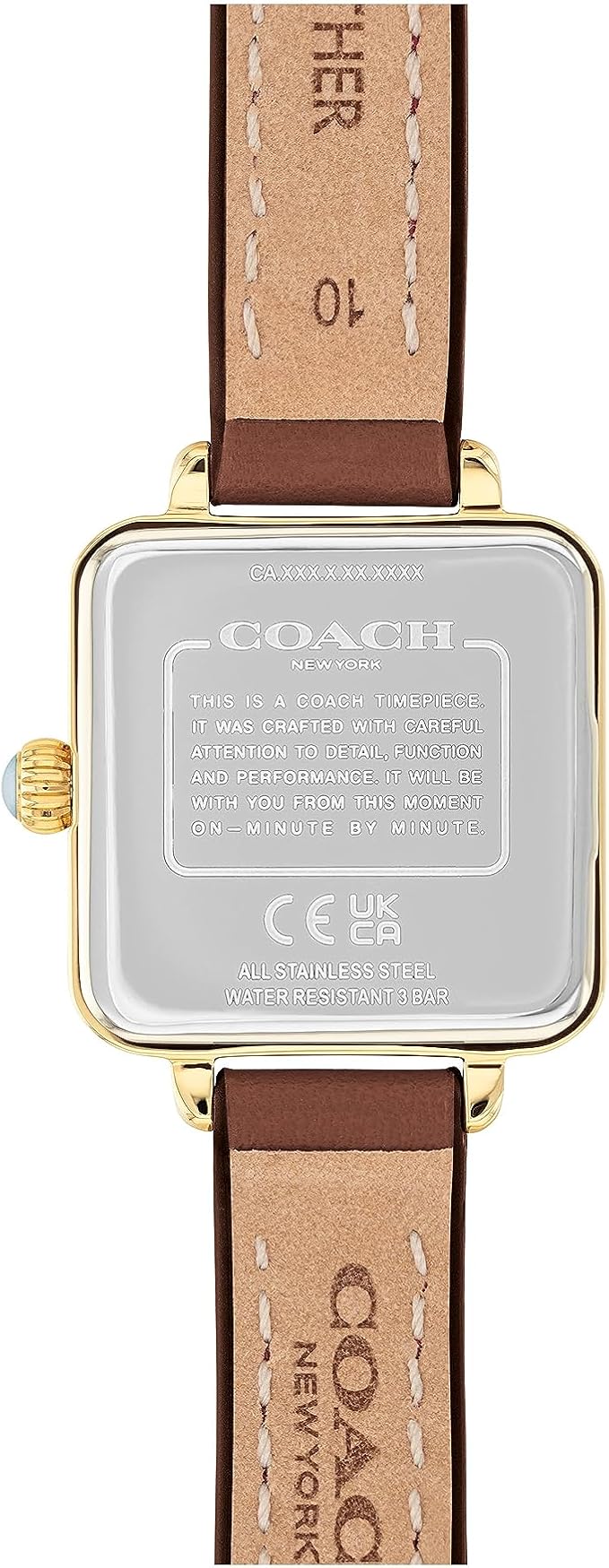 Coach Cass watch case back with engraved Coach branding and product specifications