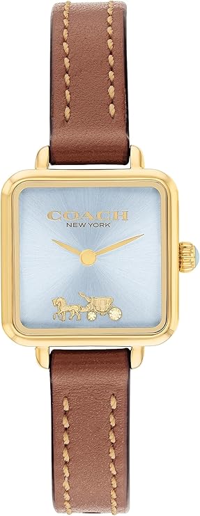 Coach Cass gold-tone watch with light blue dial, Coach logo, and brown leather strap
