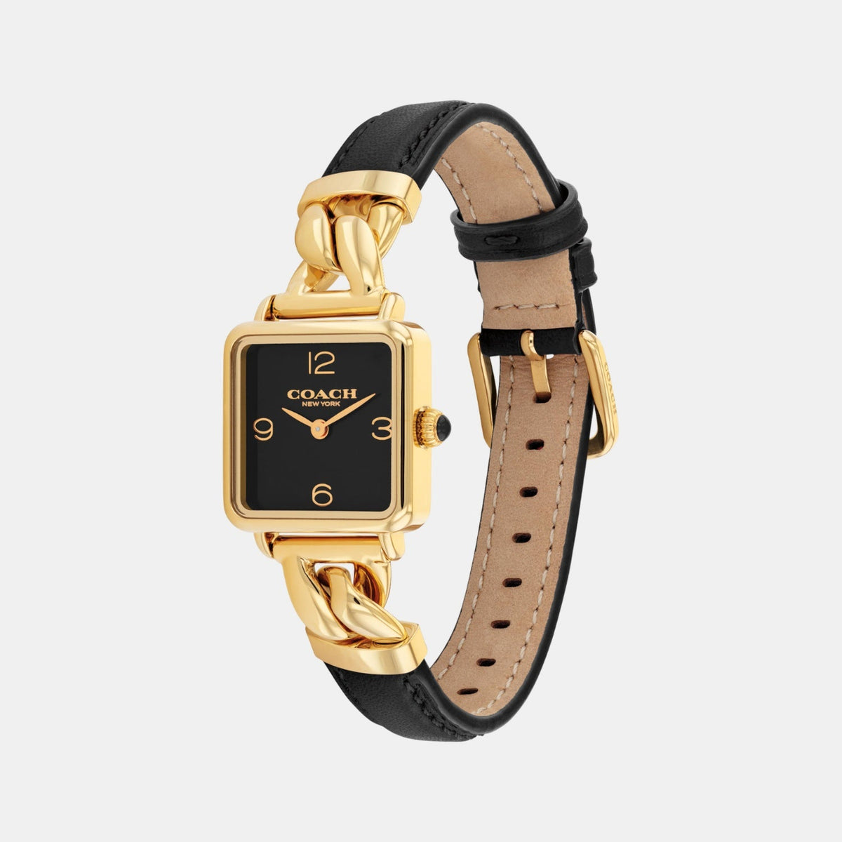 Side profile view of Coach Cass watch showing black leather strap with gold chain accents and gold-tone case