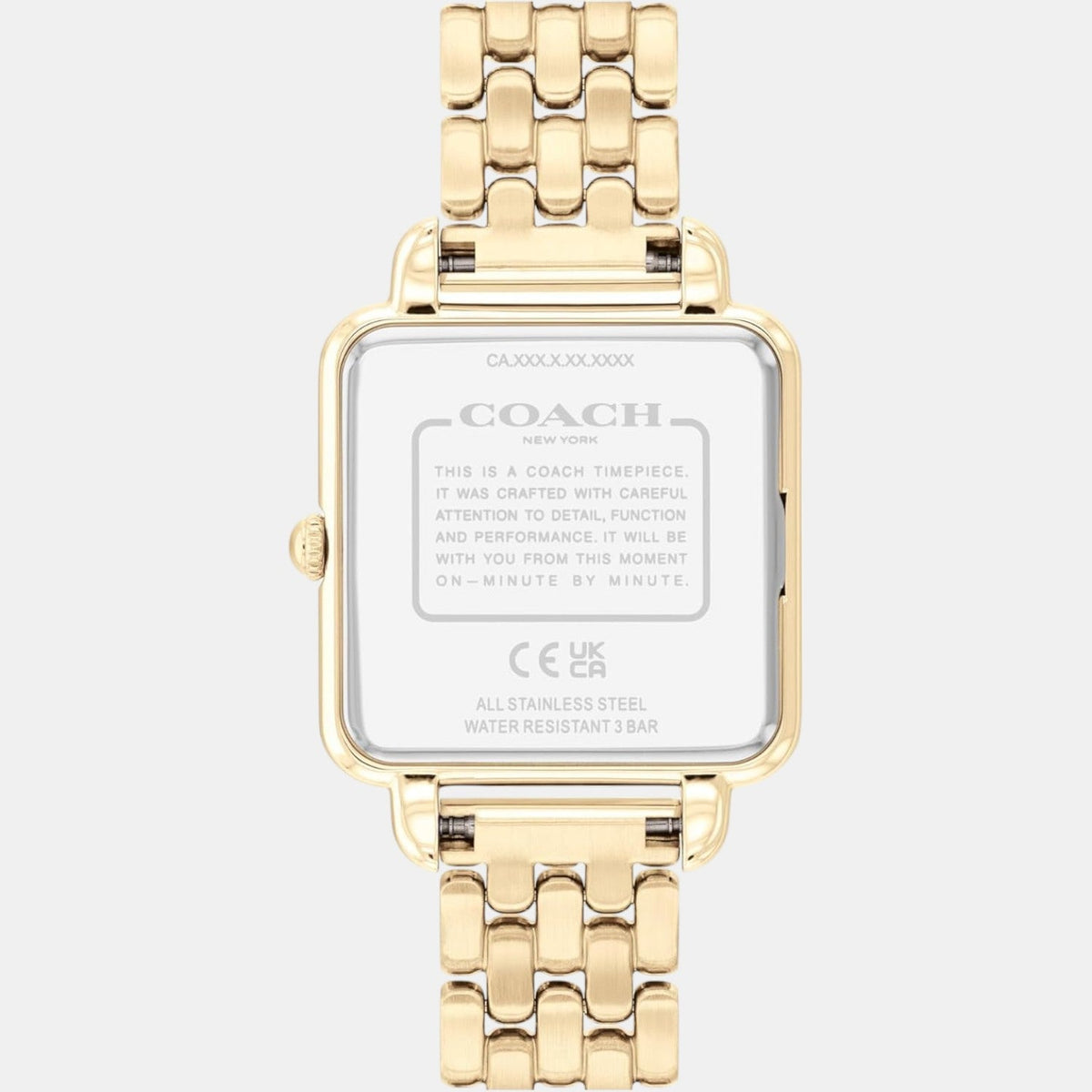 Coach Cass watch caseback showing stainless steel construction and water resistant specifications