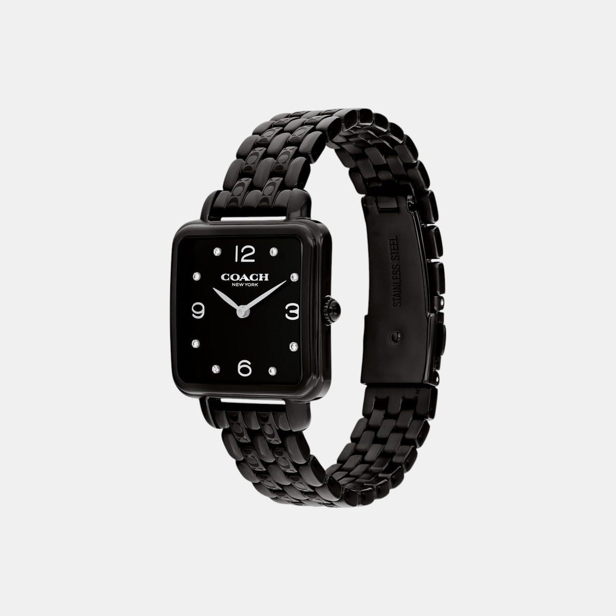 Coach Cass women's watch angled view showing black stainless steel bracelet