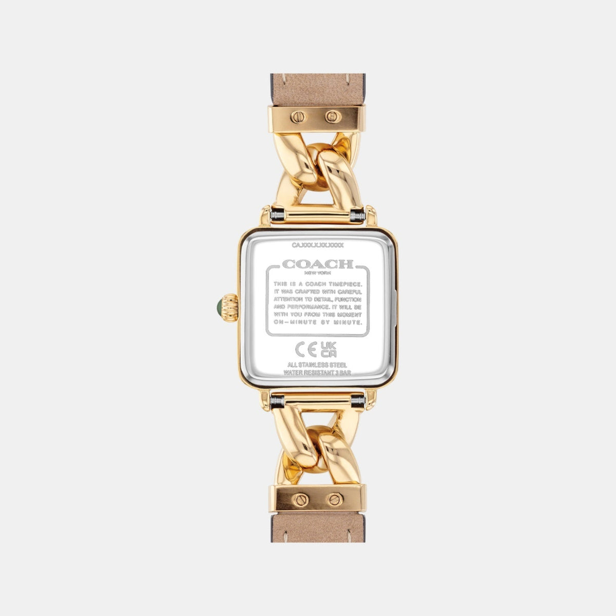 Coach Cass watch caseback showing Coach branding and authenticity markings