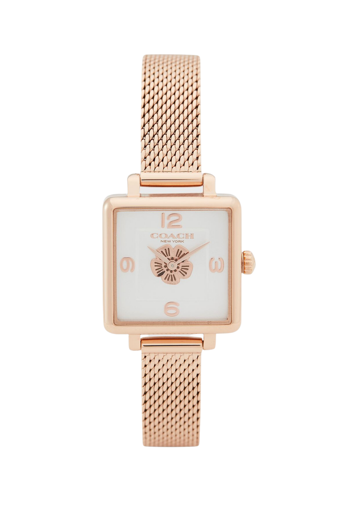 Coach Cass rose gold square women's watch with mesh strap and silver dial