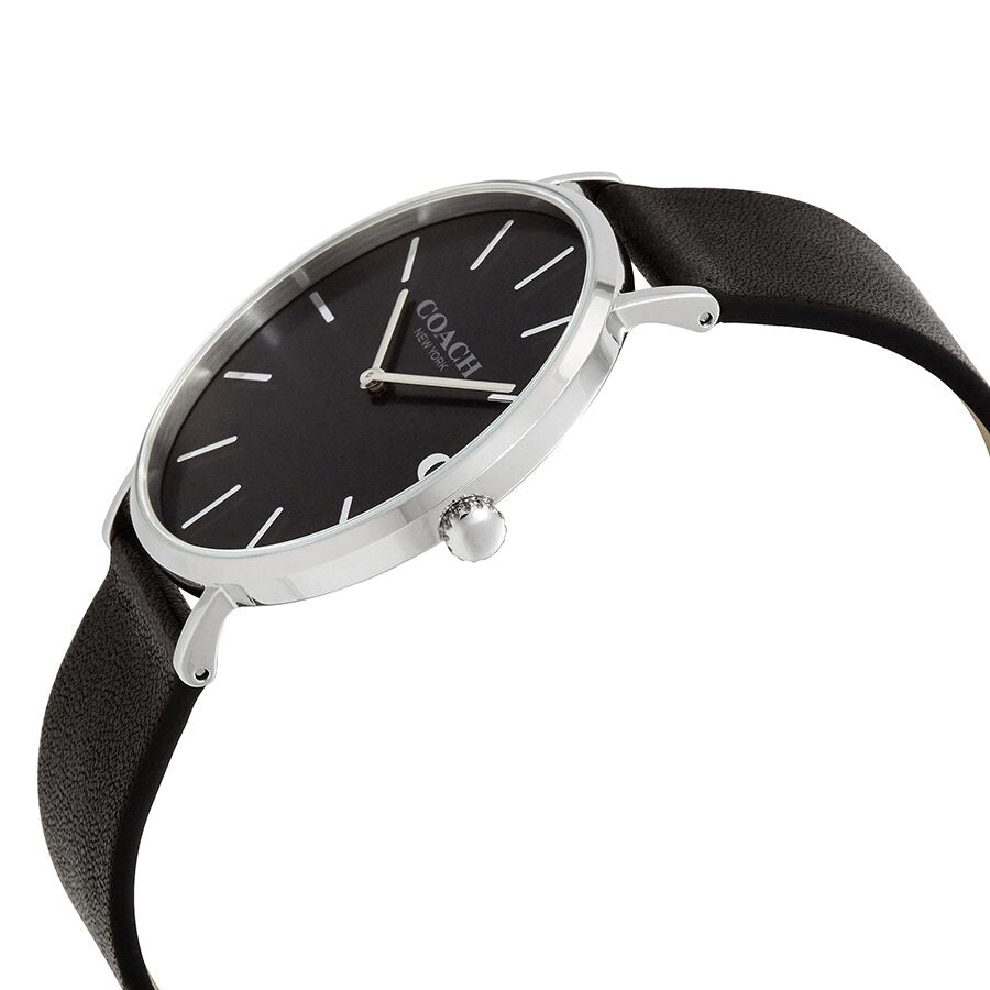 Coach Charles watch side angle showing black leather strap and minimalist dial design