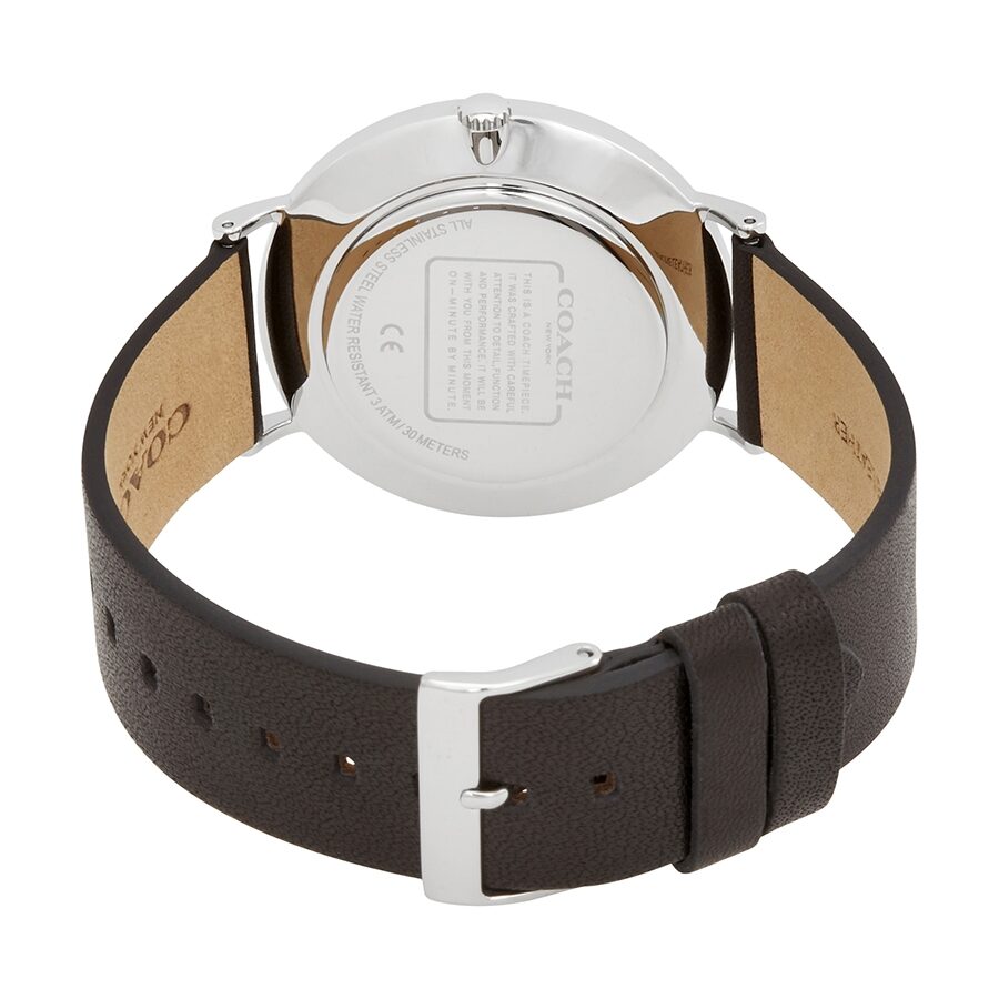 Coach Charles watch caseback with stainless steel cover and black leather strap