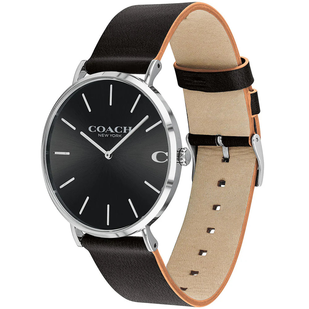 Coach Charles quartz watch with black dial, silver-tone case, and black leather strap