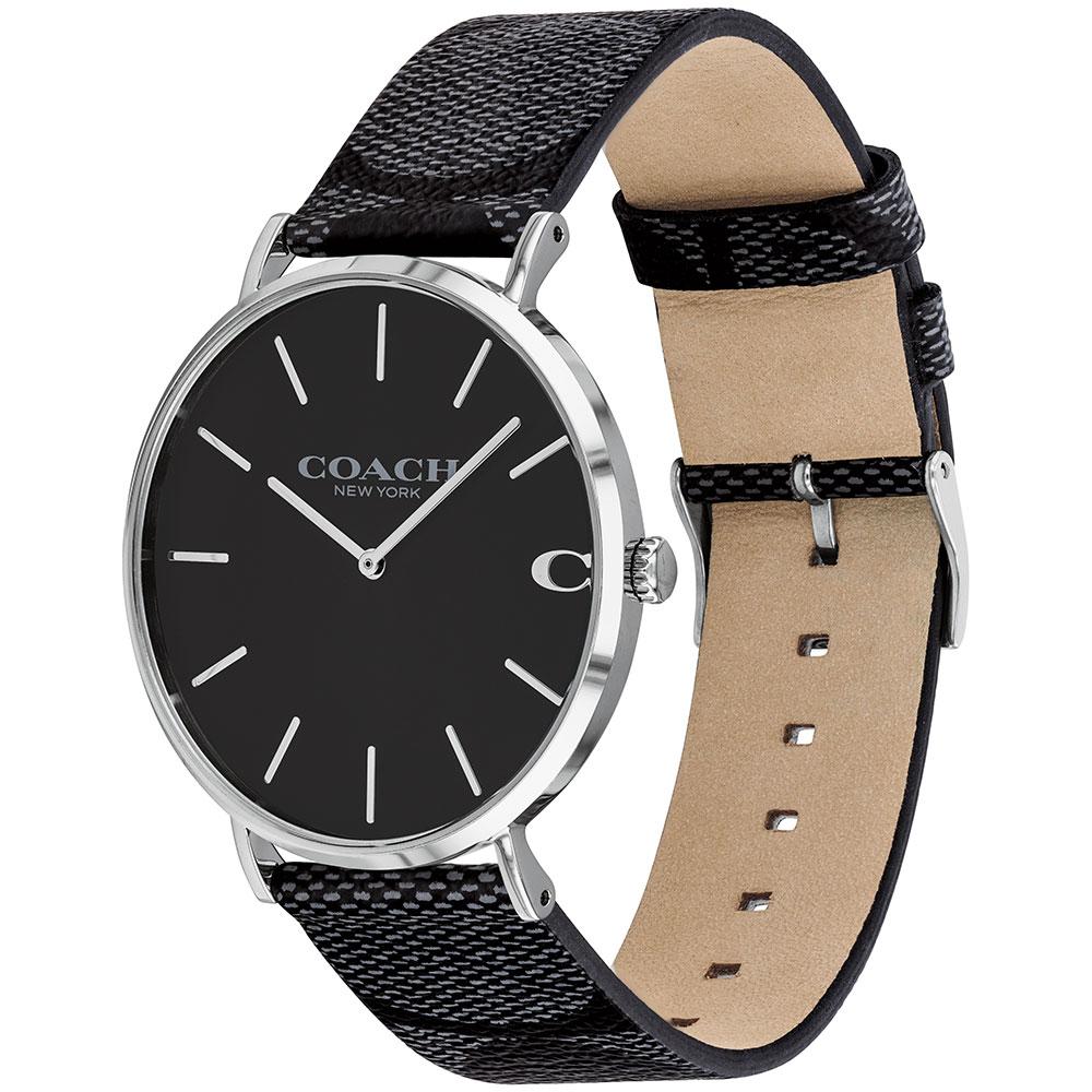 Coach Charles watch side view showing black textured leather strap and tan suede interior