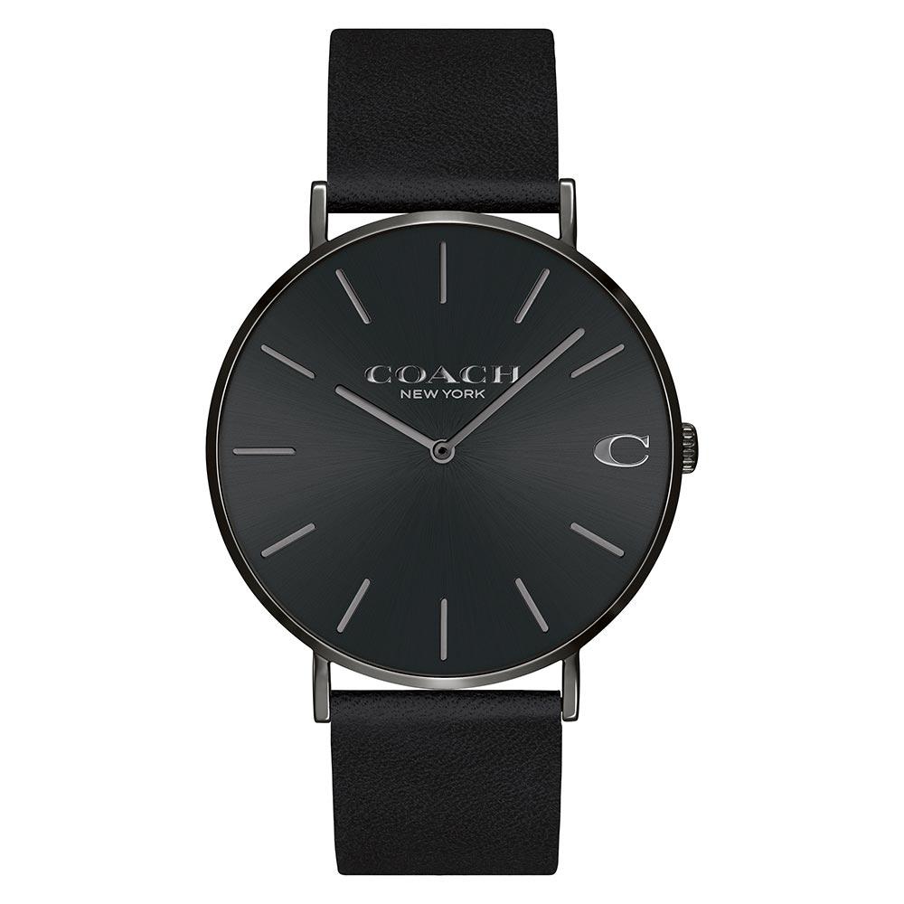 Coach Charles black men's watch with round dial, black leather strap, and minimalist dial design