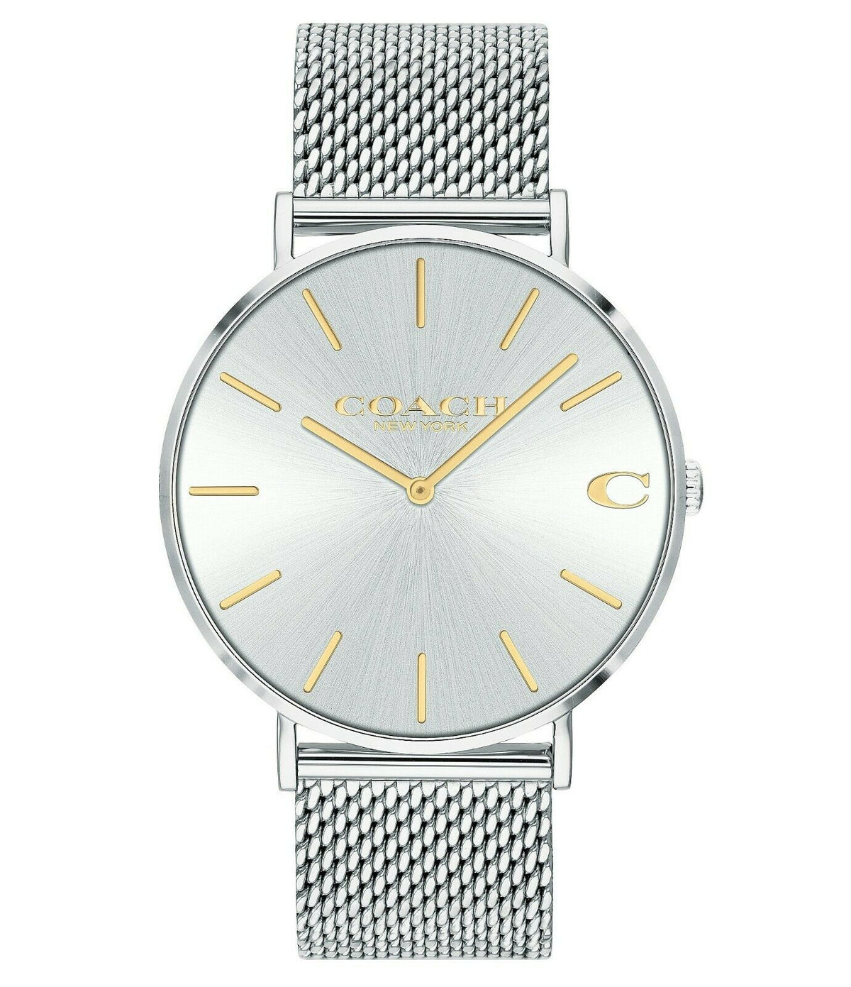 Coach Charles silver stainless steel watch with silver mesh band, white dial, gold-tone markers and hands