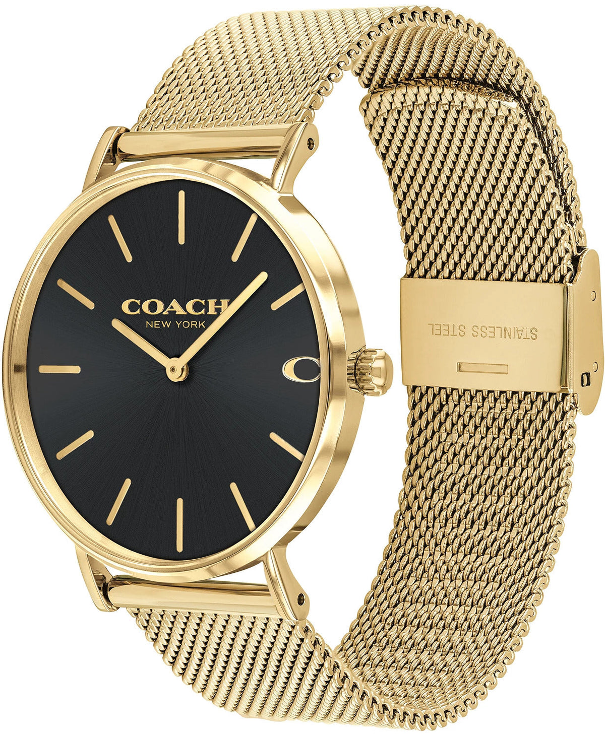 Coach Charles watch from side angle showing gold-tone mesh bracelet and case
