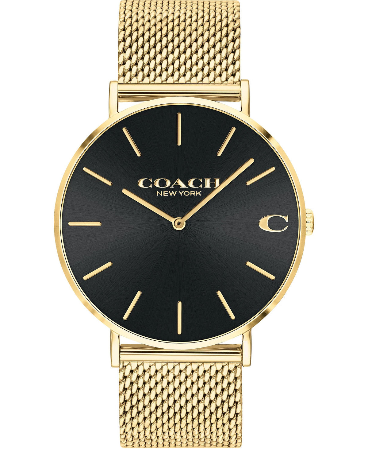 Coach Charles gold-tone mesh bracelet watch with black dial and gold hour markers