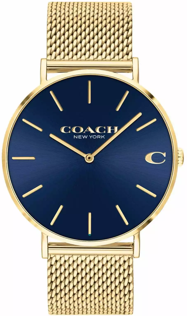 Coach Charles men's watch with navy blue dial, gold-tone case and mesh strap