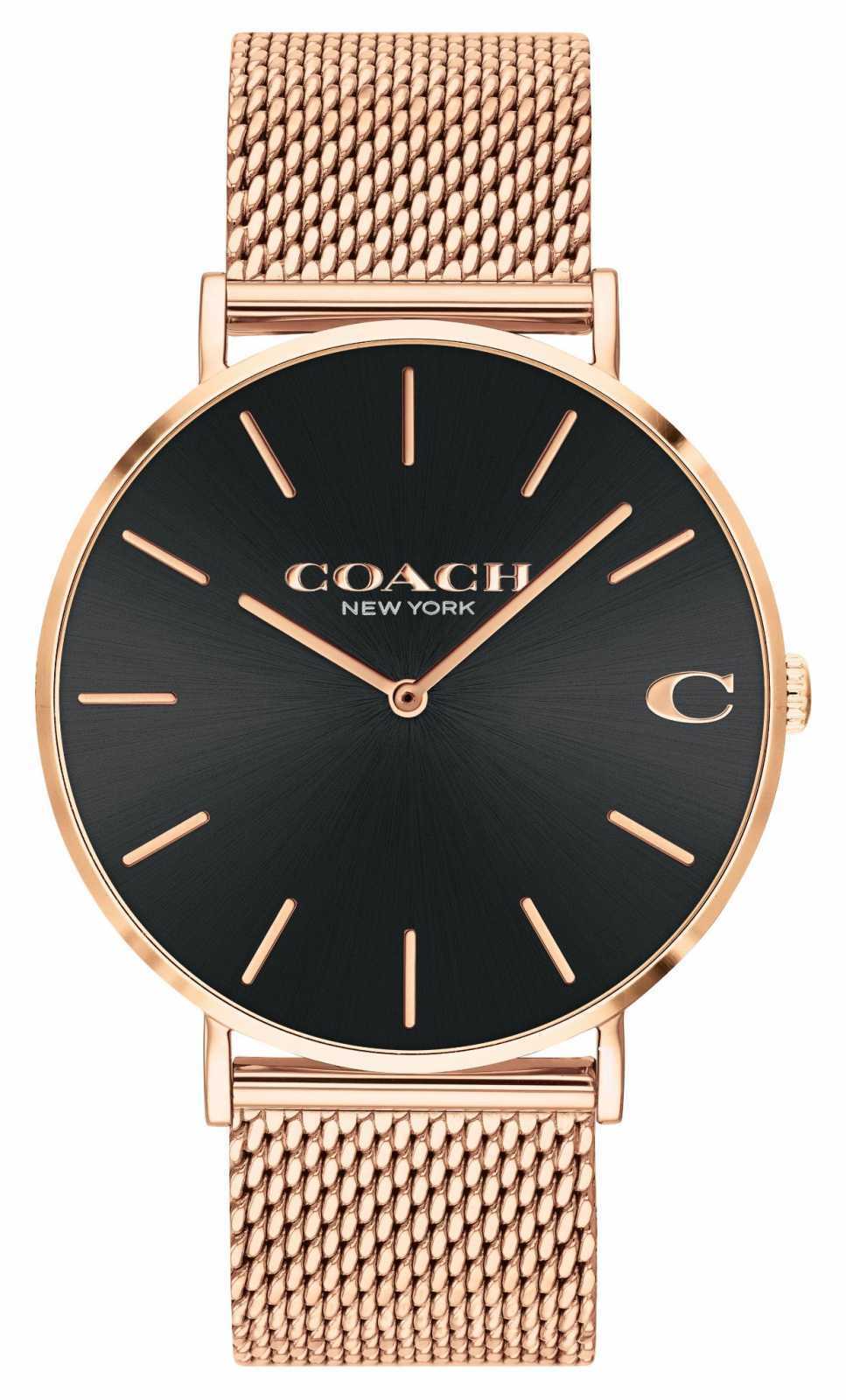 Coach Charles black dial rose gold men's watch with Milanese strap