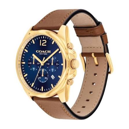 COACH Charles watch side view showing gold case, blue dial with chronograph subdials, and brown leather strap