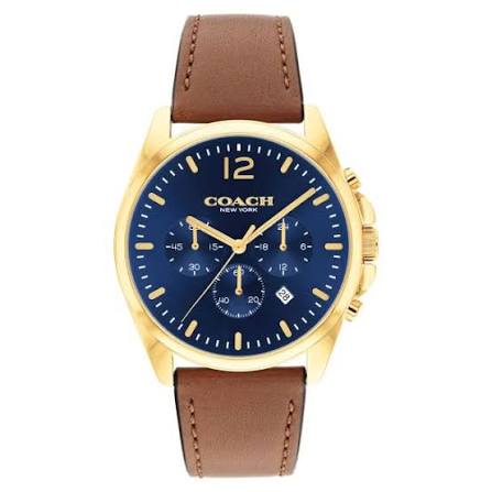 COACH Charles gold-tone stainless steel watch with blue chronograph dial and brown leather strap