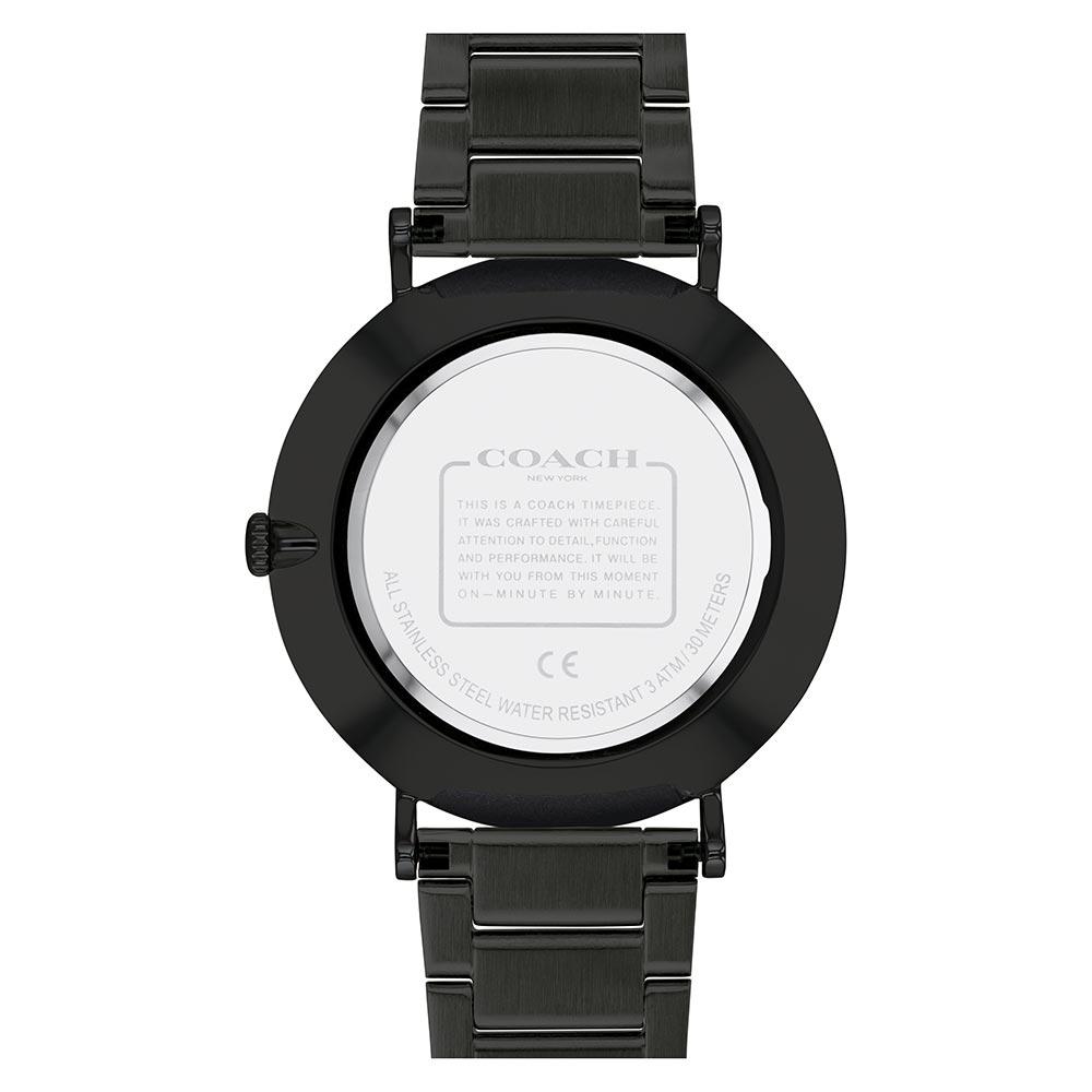 Coach Charles watch caseback showing white dial plate with Coach branding and specifications