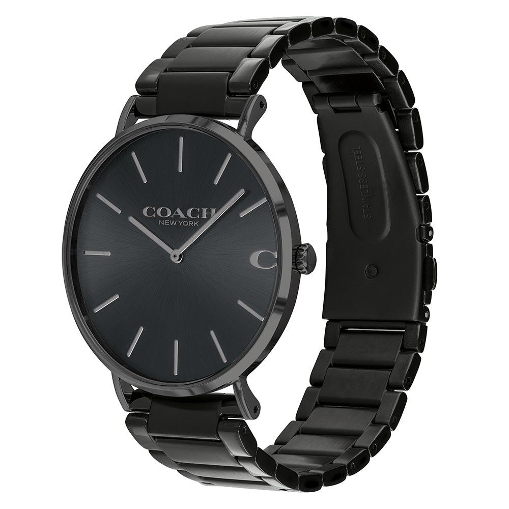 Coach Charles men's watch displayed at angle showing black steel bracelet and case