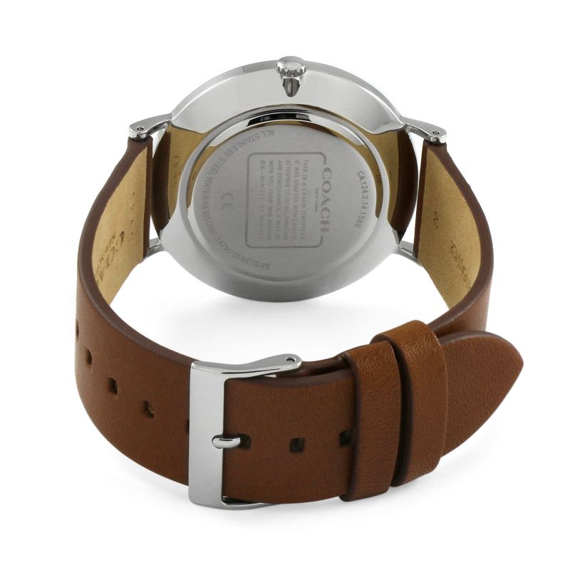 Coach Charles watch side view showing caseback and leather strap