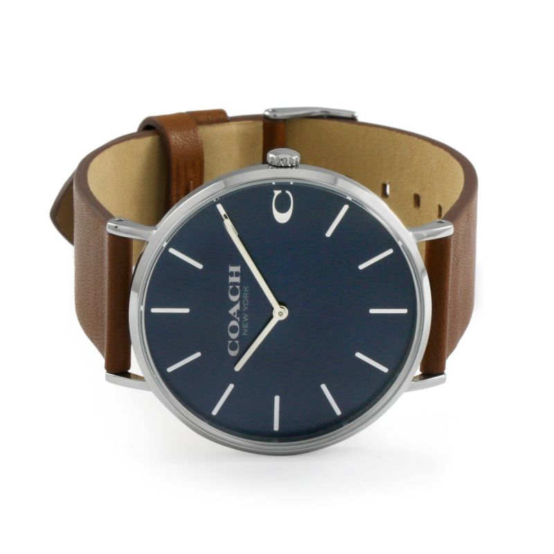 Coach Charles watch from angled view with brown leather strap and buckle